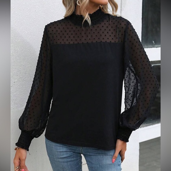 Boho black Swiss dot lantern sleeve blouse - Picture 4 of 6